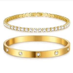 Tennis & Bangle Duo Gold Bracelet Set
